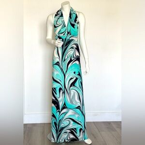 Halter open back, maxi dress Turquoise/navy/white Swirl print, jersey, size S.
